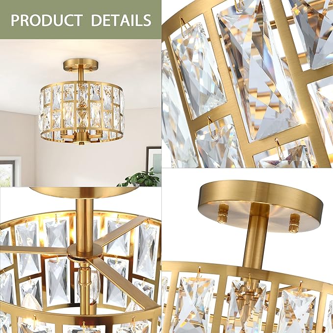 MEXO Gold Finish 3LT Crystal Semi Flush Mount Ceiling Light Fixture, Cylinder Drum Shade, Close to Ceiling, Perfect for Kitchen, Dining Room, Bedroom, Living Room, Entryway, Foyer
