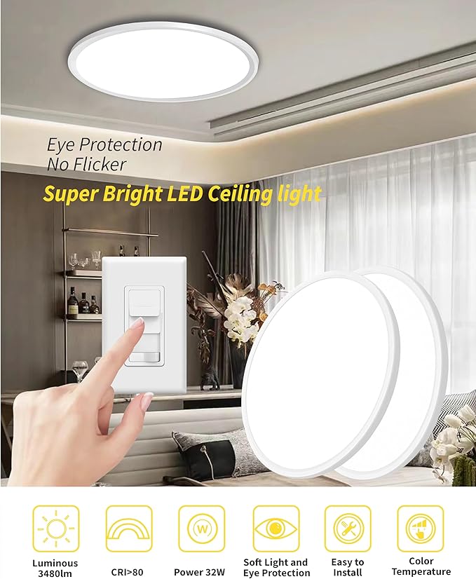 1Pack 16 Inch Dimmable LED Flush Mount Ceiling Light Panel,32W 3480LM,3000K/4000K/6000K CCT Selectable,Ultra Thin Round White Ceiling Light Fixture for Hallway Kitchen Bedroom Home Office Bathroom