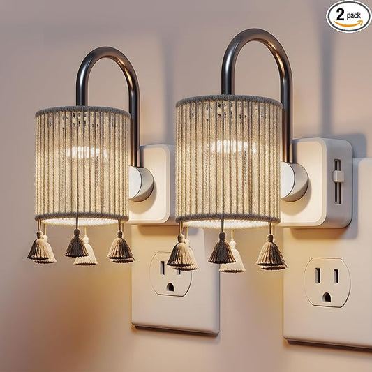 L LOHAS LED Night Lights Plug into Wall, 2 Pack Boho Fabric Cylinder Night Light with Tassel, 0-100LM Dimmable Night Lights, Dusk to Dawn Sensor, Vintage Nightlight for Bedroom, Living Room, Hallway