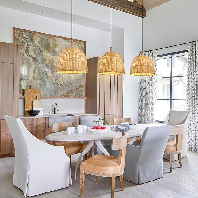 3-Light Rattan Pendant Light,13.77" Rustic Oval Hanging Light,Wicker Pendant Light Hand-Woven Rattan Chandelier for Public Place Dining Living Bedroom Kitchen Farmhouse