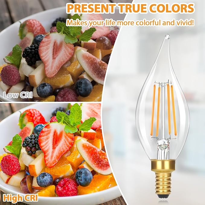 GoBright Dimmable LED Candelabra Bulbs 2700K Soft Warm White, 60W 630LM LED Candle Light Bulbs with Vintage Flame Tip, 6W Clear Glass LED Bulbs for Chandelier, Pendant, 6-Pack