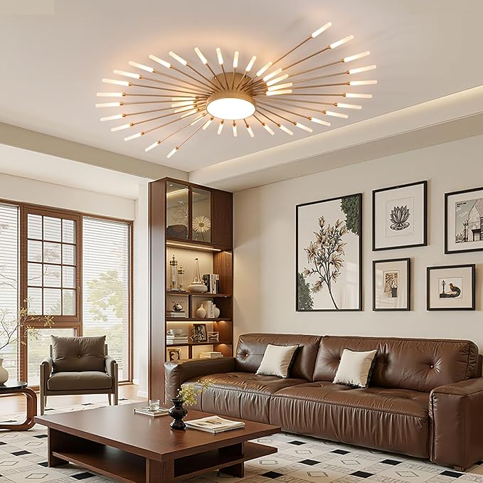 Modern Ceiling Light LED Flush Mount Ceiling Light for Living Room,Kitchen,Dining Room,Bedroom Fireworks Design Dimmable with Remote Control & Memory Function Lighting Fixture (Gold,42 Light)