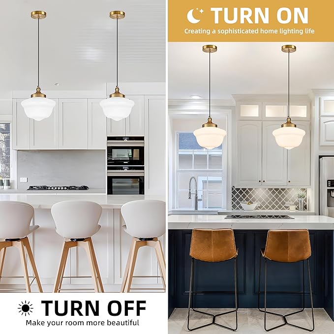 Bagood 10" Milk Glass Pendant Light Gold Schoolhouse Light Fixture Schoolhouse Pendant Light Milk Glass Light Fixture Mid Century Modern Ceiling Light for Bedroom Bathroom Kitchen Island (Bulb Incl)