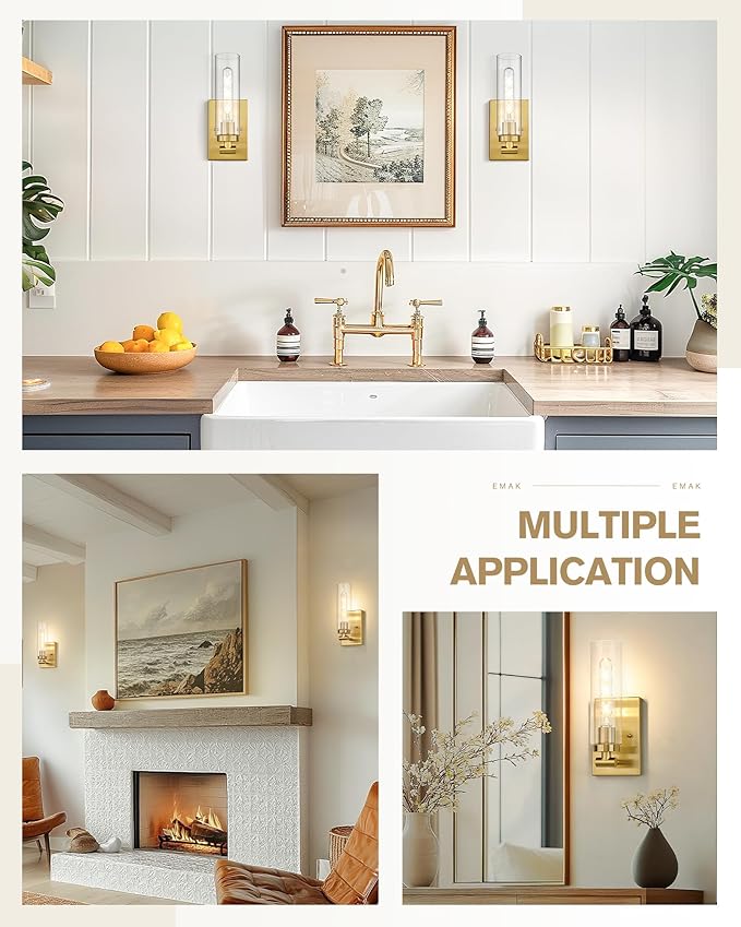 Emak Wall Sconces Set of Two, Modern Brushed Gold Sconce with Clear Glass Shade, Bathroom Lighting Fixtures for Mirror, Living Room, Bedroom, Gallery, WS086-BGD-CG-2PK