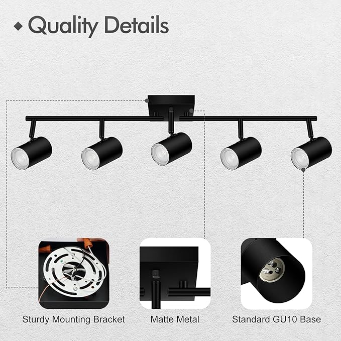 5 Light Track Lighting Fixtures Ceiling, Matte Black Kichen Track Lighting, Rotatable Light Heads, Adjustable Modern LED Track Lights for Kitchen/Living Room/Hallway/Bar,GU10 Bulb Not Included