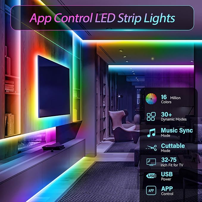 LED Strip Lights, 16.4Ft 150LEDs RGB LED Lights for 32-75 Inch TV Behind,Music Sync App Control TV LED Strip with Remote,USB Plug-in Bias LED Strips Lights for Bedroom Game Cabinet Desk Shelf