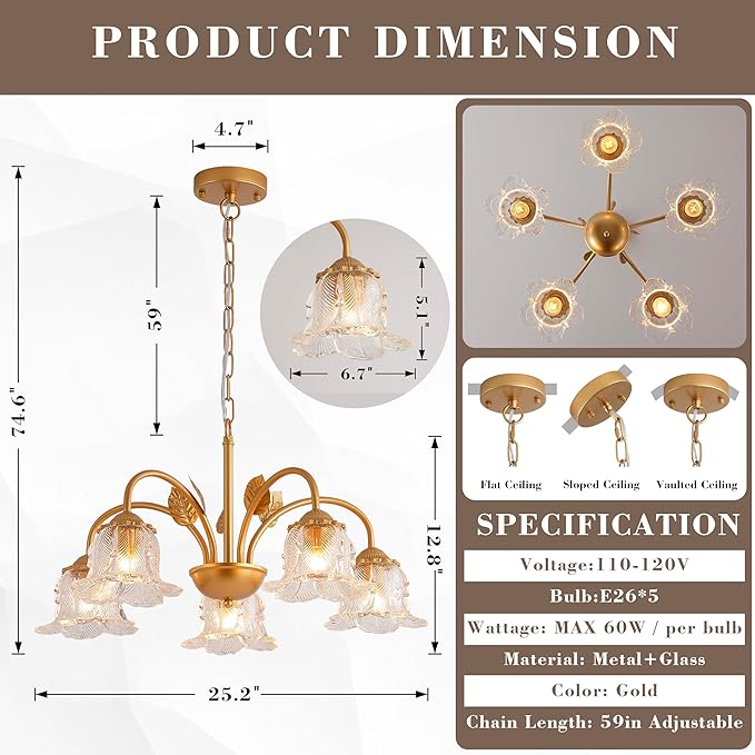 5-Light Vintage Chandeliers for Dining Room 25" Modern Gold Glass Chandelier Rustic Adjustable Pendant Light Fixture for Kitchen sland Living Room Bedroom