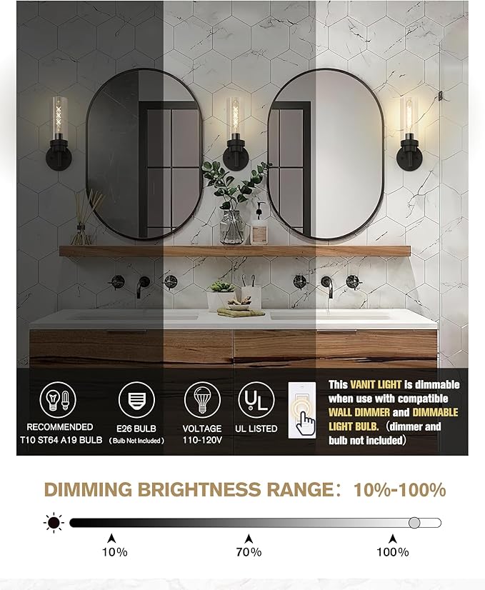 Emak Black Wall Sconces Set of Two, Modern Vanity Lights with Clear Glass Shade, Wall Lights for Bathroom, Bedroom, Living Room, Hallway, WS085-BK-2PK