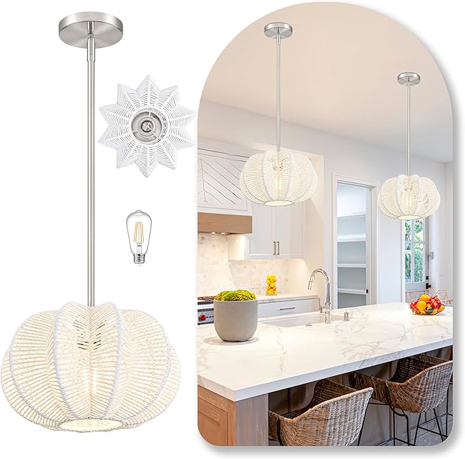 White Rattan Pendant Light 12.6 in Hemp Rope Rattan Light Fixture Woven Pendant Wicker Chandelier Boho Chandelier for Kitchen