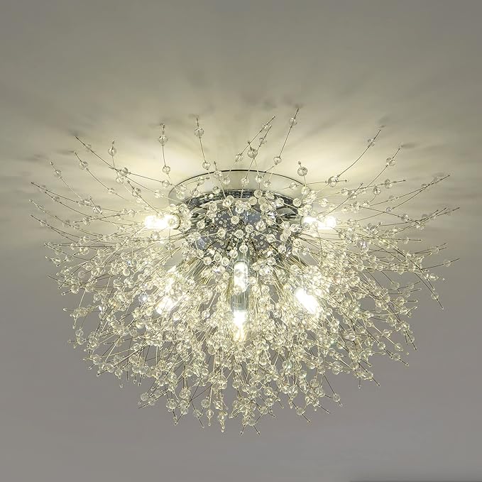 CM MZY Sputnik Flush Mount Ceiling Light Fixtures, Modern Chrome Crystal Firework Chandelier, 8-Light Close to Ceiling Lighting Fixtures for Bedroom Kitchen Hallway Entryway(H11.8'' x W21.5'')