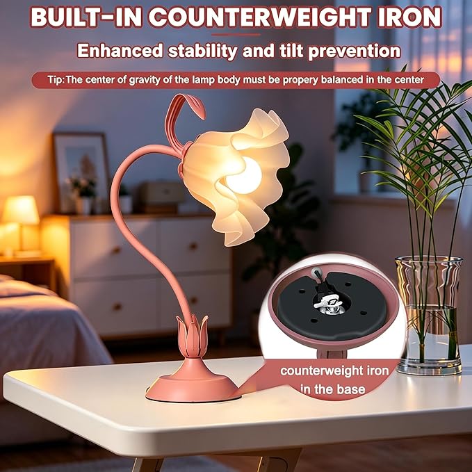 Flower Desk Lamp, LED Reading Light Flower Table Lamp, 3 Colors Flower Lamp for Girls Bedroom, Adjustable Flexible Nightstand Lamps, Bedside Table Lamp for Bedroom, Living Room, Home Decor (Pink)