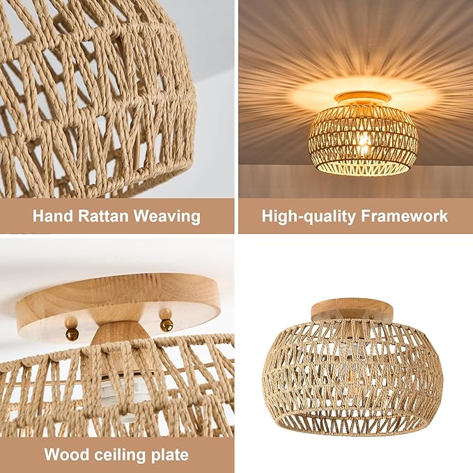 13 Inch Rattan Flush Mount Ceiling Lights Farmhouse Boho Ceiling Light Fixtures Rustic Wicker Hand Woven Rope Cage for Dining Room Kitchen Bedroom Foyer Hallway Entryway