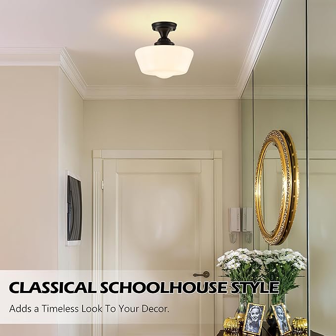 Schoolhouse Light Fixture, 12'' Mid Century, Milk Glass, Semi Flush Mount Ceiling Light for Bedroom Kitchen, Black, Incl. LED Bulb