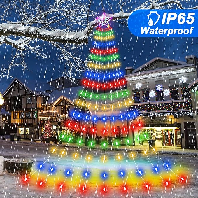 Christmas Decorations Star Lights Outdoor, 11.48ft 350 LED Waterfall Tree Lights with 8 Modes Timer Remote Plug in Christmas String Lights for Indoor Yard Patio Home Holiday Party Decor, Multicolor