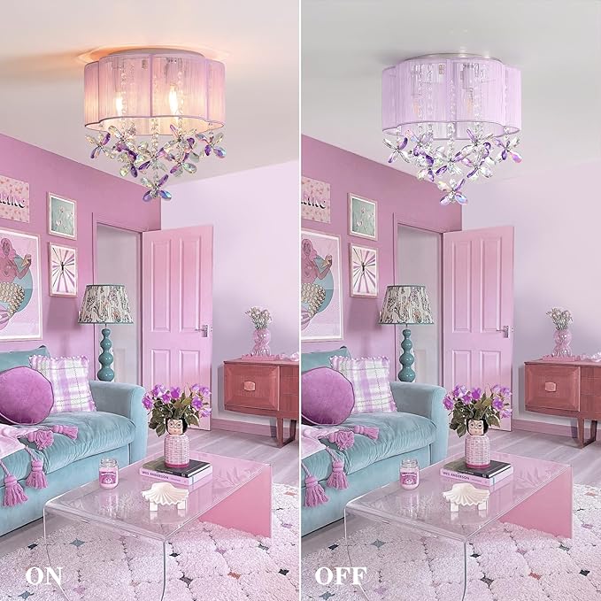 3 Light Bedroom Chandelier Ceiling Light Pink Lamp 13" Small Crystal Mini Chandelier Flush Mount Ceiling Light with Handmade Flower Lampshade for Girls' Bedroom,Closet,Nursery,Dinning Room Purple