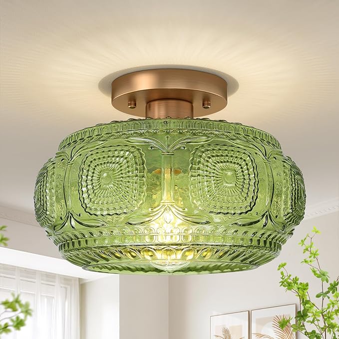 Semi Flush Mount Ceiling Light, Upgraded Larger Green Glass Ceiling Light Fixture, Vintage Lighting for Hallway Kitchen Bedroom Dining Room, Bulb Not Included