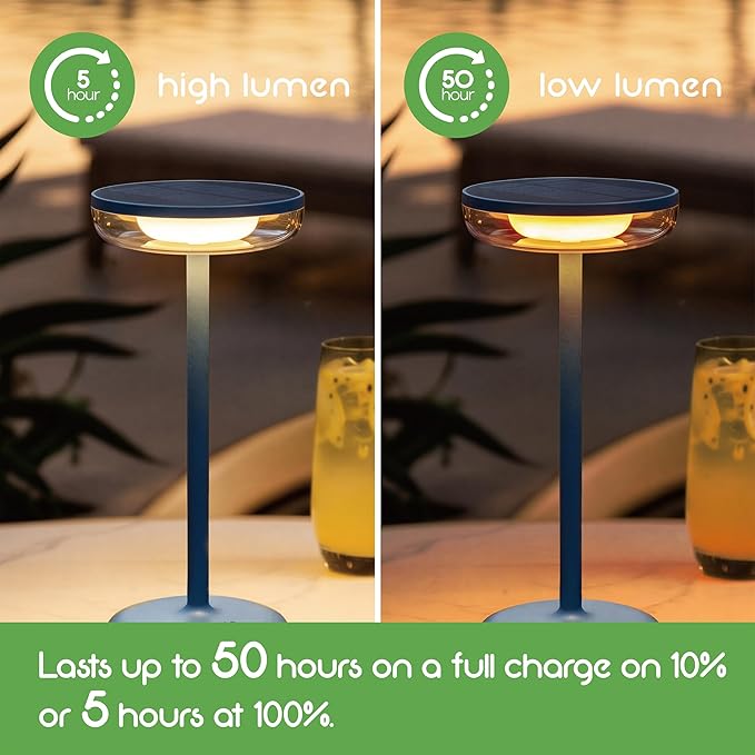 Cocktail Style Solar Table Lamp – Cordless LED Light with USB-C Charging, Dimmable Warm 2700K Glow, Weather Resistant for Indoor/Outdoor Use – Blue, 1 Pack