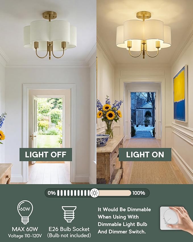 Gold Semi Flush Mount Ceiling Light, 18" 4-Light Light Fixtures Ceiling Mount with Beige Petal Fabric Shade for Kitchen Nursery Entryway Hallway Bedroom, E26 Base, SM179-BG-B-6