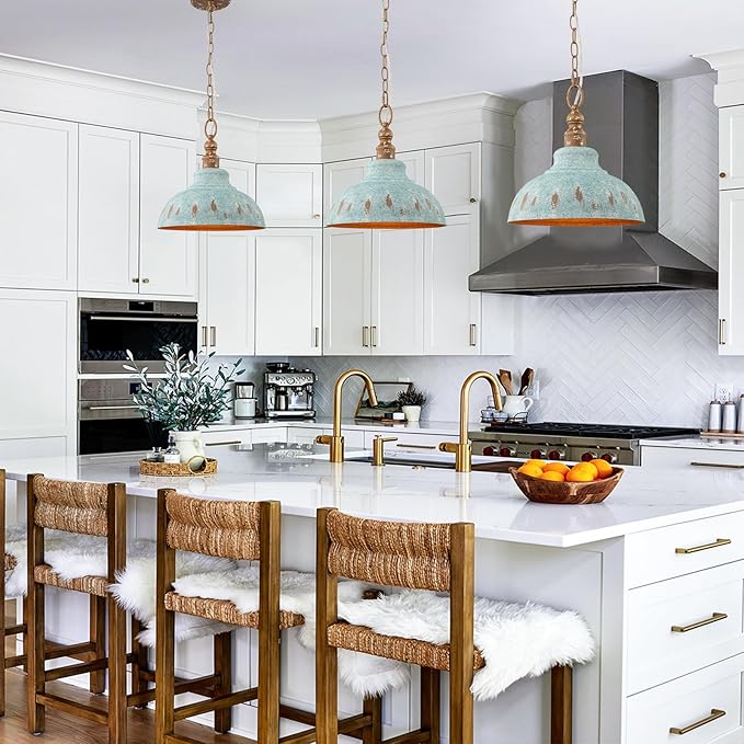 Kitchen Island Pendant Light, 11.3” Golden Pendant Lighting, Teal Farmhouse Pendant Light Fixture for Dining Room, Bar, Hallway, Foyer, Entryway, Bedroom, Adjustable Chain