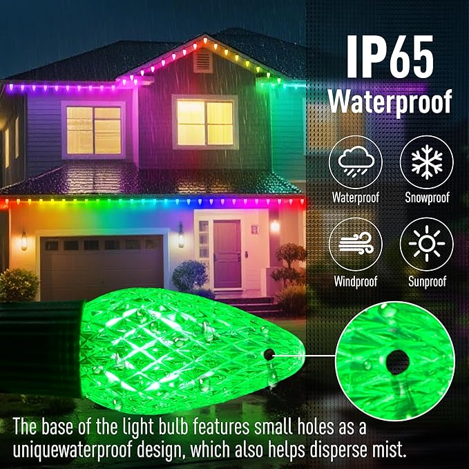 Probro Smart C9 LED Christmas Lights Outdoor 134FT 150 LEDs, App Control, 105+ Lighting Modes, Music Sync, Dimmable, IP65 Waterproof Connectable String Lights for Yard Patio Roofline Decor