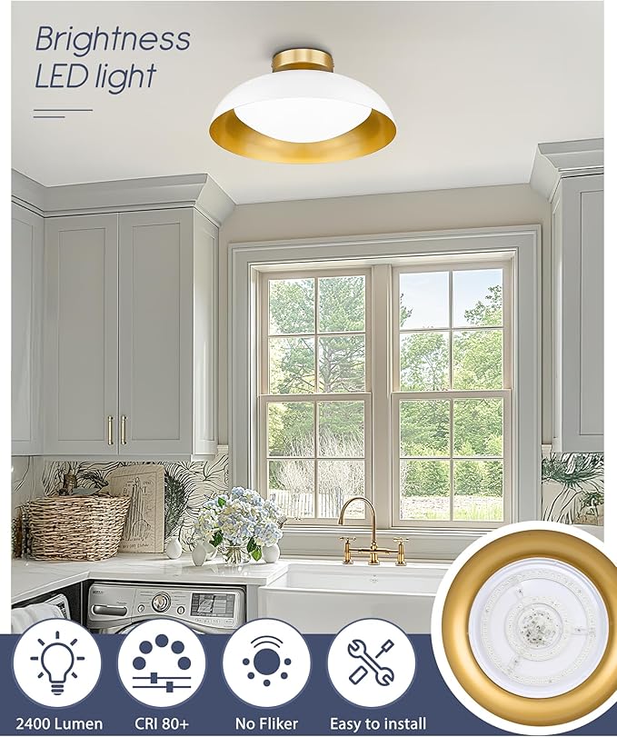 kudos Large Flush Mount Ceiling Light, 21inch LED Ceiling Light Fixture, White and Gold Finish, 44W 2500lm Modern Hanging Light Fixtures for Living Room, Bedroom, Hallway, 5CCT Adjustable, KDCL02-WT-L