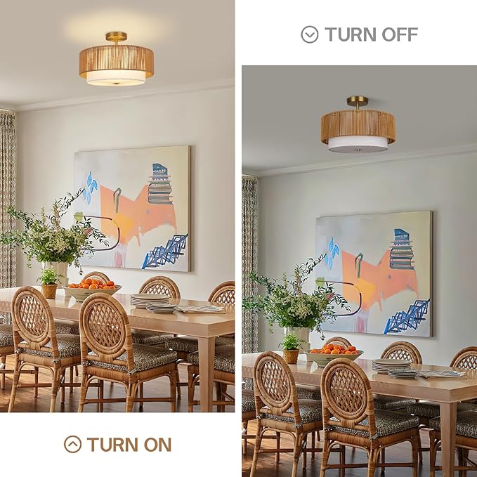 16'' Semi Flush Mount Ceiling Light Fixture, Boho Light Fixtures with 2-Tier Drum White Fabric Shade, 3-Light Farmhouse Rattan Drum Light Fixture for Bedroom, Living Room, Kitchen
