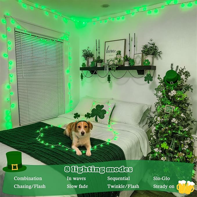JMEXSUSS 2 Pack Green St Patricks Day Lights, Each 100 LED Connectable Green Christmas Lights Outdoor Waterproof, String Lights Plug in Indoor for St Patricks Day Christmas Bedroom Decorations
