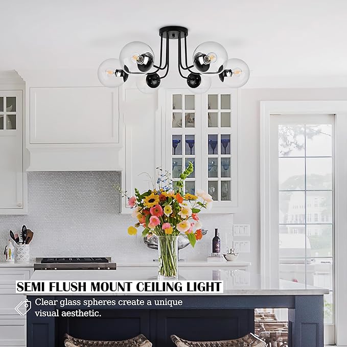 KoKo&Yukina 6-Light Modern Semi Flush Mount Ceiling Light Fixture Mid Century Ceiling Light Globe Ceiling Light with Clear Glass Shade Matte Black Finish for Bedroom Hallway Dining Room Living Room