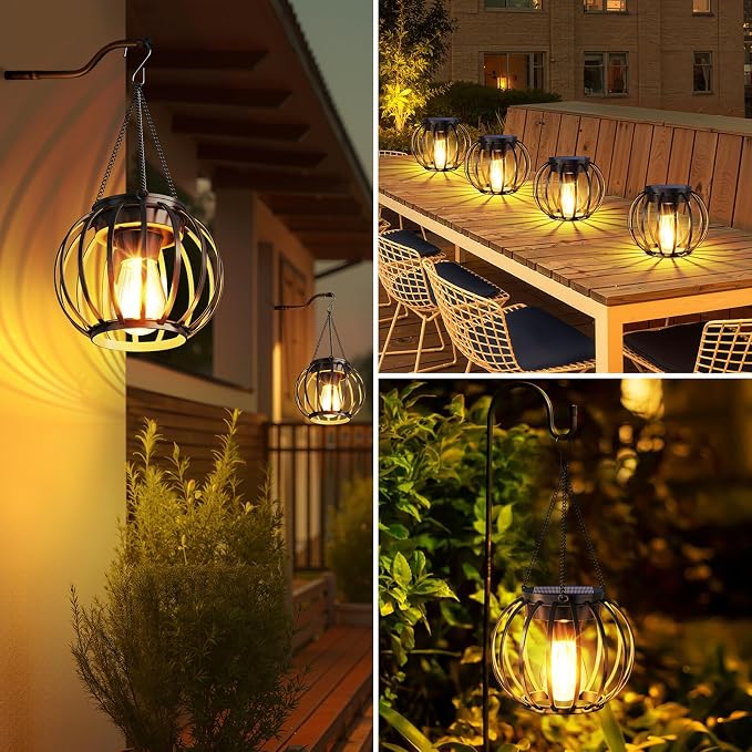 Solar Lanterns Outdoor Waterproof 4 Pack, Upgraded Metal Hanging Solar Lights for Outside with Auto On/Off & Hook - Brighter Hanging Outdoor Lanterns Decorative Lighting for Garden Patio Yard