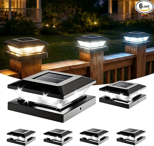 4x4-Solar-Post-Cap-Lights-Outdoor 6 Pack Solar Powered Fence Post Lights 3 Lighting Modes Deck Postcap Light for 3.5x3.5 4x4 Wood/Vinyl Posts LED Waterproof Garden Patio Porch Posts Lighting Black