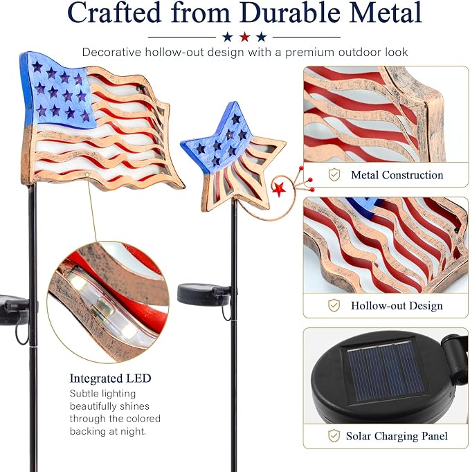 4th of July Decorations Outdoor Solar Lights, Metal American Flag Lights Patriotic Barn Stars Decorative Garden Stakes Light for Independence Day, Memorial Day Veterans Day Yard Path Lawn Decor