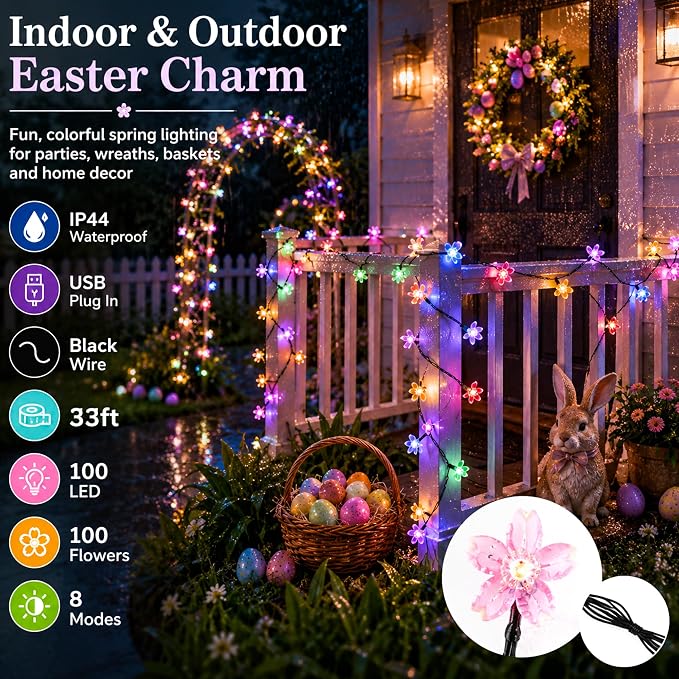 Pastel Flower Fairy Lights String with Timer for Easter Christmas Decor, | USB plug in 8 modes multicolored cherry blossom lights for wedding, Christmas Easter, bedroom, indoor outdoor decorations