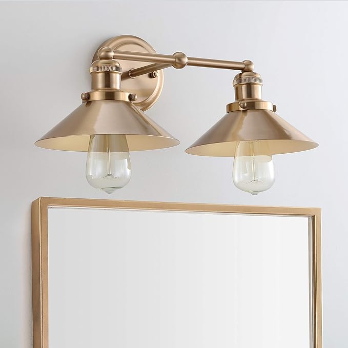 JONATHAN Y 17.5" Brass Gold 2-Light Industrial Farmhouse Metal Vanity Light Wall Sconce, Metal Shade for Bathroom Mirror, Kitchen, Entryway, LED Bulb Included (JYL7430A)