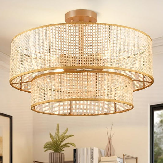 Hamilyeah 20 inch Ceiling Light Fixture Flush Mount Double Layer, Boho Light Fixture Ceiling Mount Wicker Shade, Bamboo Woven Rattan Fixture Light for Living Room, Bedroom, Dining Room