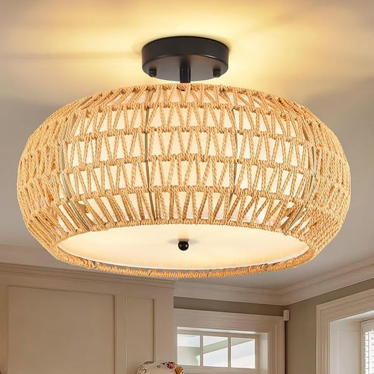 Boho Flush Mount Ceiling Light Fixture 17.8",3 Light Rattan Chandelier Light Fixture Woven Wicker Ceiling Light Fixtures Flush Mount for Hallway Bedroom Kitchen Entryway Living Room Island