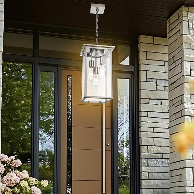 Yaohong Large Outdoor Chandelier for Porch, 3-Light Brushed Nickel Outdoor Pendant Light Fixture Rust-Resistant Metal with Clear Glass, Adjustable Exterior Pendant Light for Porch Entrance Foyer Front