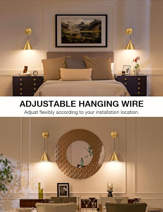 NIORSUN Brushed Gold Battery Operated Wall Sconce Set of 2, 5200mAh Dimmable Detachable Bulbs and Remote Wireless Rechargeable Wall Lights, 9 Colors Sconces Wall Decor for Bedroom Living Room Hallway