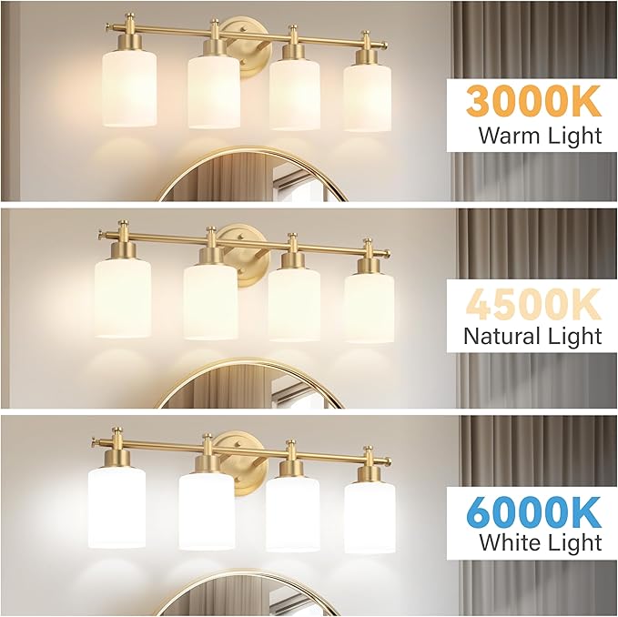 4-Light Bathroom Vanity Light, Brushed Gold Vanity Lights for Bathroom, Modern Brushed Gold Wall Sconce with White Glass Shades, Anti-Rust Light Fixtures over Mirror (Bulbs Not Included, E26 Base)