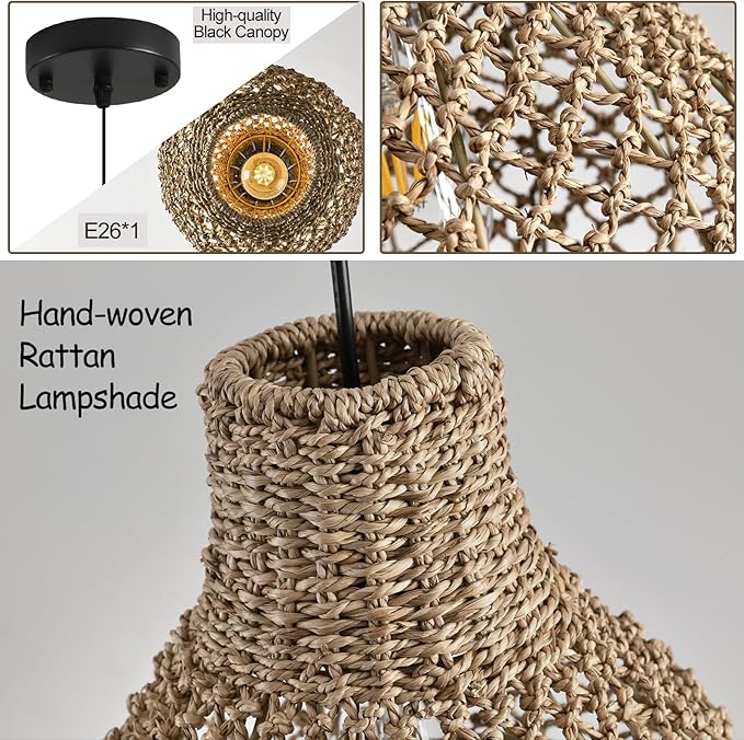 2-Pack Rattan Pendant Light,11.03" Boho Hand Woven Coastal Brown Wicker Hanging Lighting for Farmhouse Dining Room Kitchen Bedroom Hallway