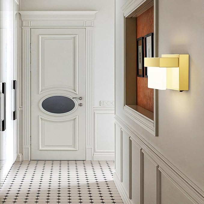 Switched LED Wall Sconce Set of 2, Indoor 8 inch 12 Watt 4000K Wired Gold Wall Mounted Sconce Light with On/Off Switch, Frosted Arcylic Shade Sconces for Bedroom Living Room Bathroom Kitchen Hallway