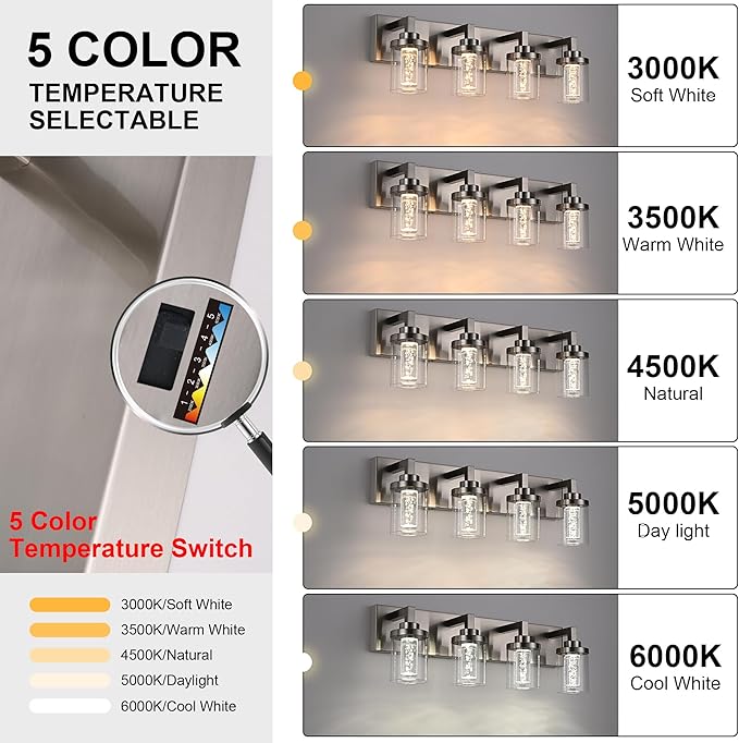 MELUCEE 4-Light Bathroom Lighting Fixtures Brushed Nickel, Dimmable LED Vanity Light for Bathroom 5CCT Bubble Crystal Bath Wall Lights with Clear Glass Shade, Built-in Led Chips
