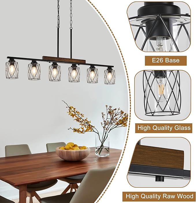6-Light Dining Room Light Fixture/Chandelier Over Table, Island Lighting Hanging for Farmhouse Linear Chandeliers Matte Black Rustic Wood Ceiling Pendant Light Fixtures, with Clear Glass Shade