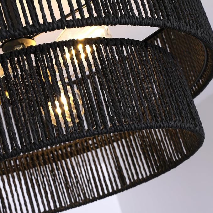 Black Boho Light Fixtures Ceiling Mount 18'' Coastal Hemp Rope Semi Flush Mount Ceiling Light Fixture 3-Light Rattan Light Fixtures with 2-Tier Drum Shade for Dining Room Kitchen Entry