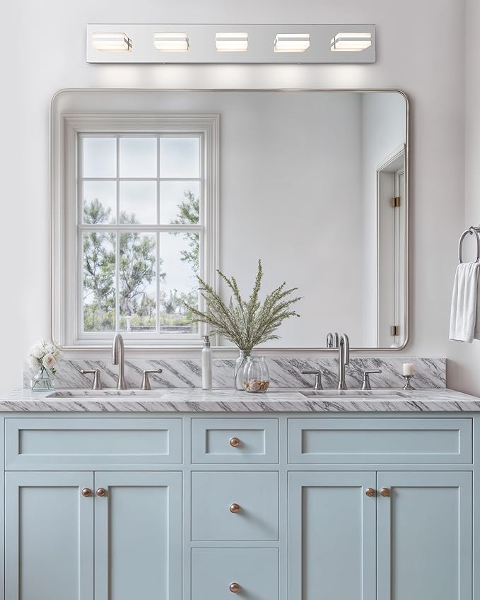 VONLUCE Bathroom Vanity Light Fixture, 5-Light Modern LED Vanity Light, 3CCT Adjustable Bathroom Lights with Memory Function Rotatable Shades, 34" Wall Lighting Fixture Over Mirror, Chrome