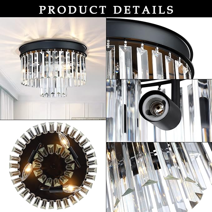 MEXO Crystal Flush Mount Ceiling Light Black Finish,2-Tier Crystal Close to Ceiling Light Fixture for Living Room Bedroom Dinning Room Hallway