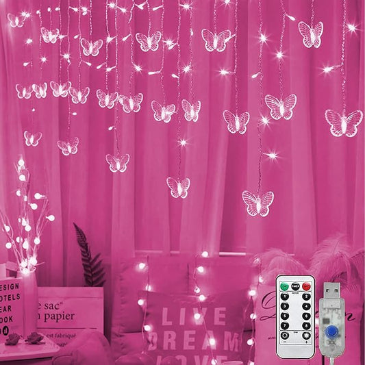 Butterfly Curtain Fairy Lights USB Plug in, 8 Modes 96 LED 11.5FT Firefly Window Twinkle Timer String Lights with Remote for Bedroom Patio Christmas Wedding Party Decoration (Pink)