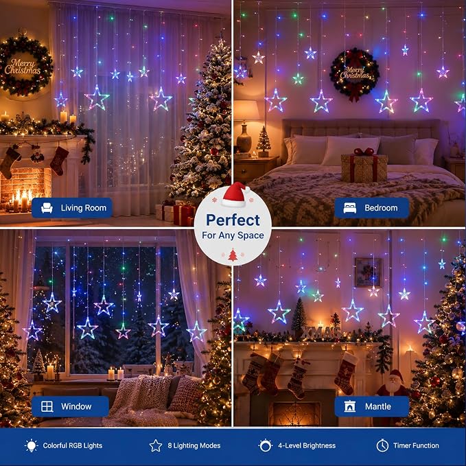 Vigdur Star Curtain String Lights, 12 Stars 138 LEDs Star Window Lights with Remote & 8 Flashing Modes Christmas String Lights for Christmas Wedding Party Home Decorations(8.2FT)