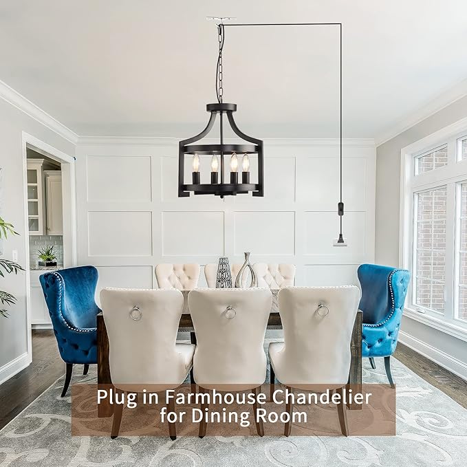 Plug in Chandelier Black Farmhouse Pendant Light Fixture, Adjustable Flush Mount Ceiling Light with 19.6 ft Hanging Cord for Kitchen Island, Dining Room, Living Room, Bedroom, Foyer, Entry