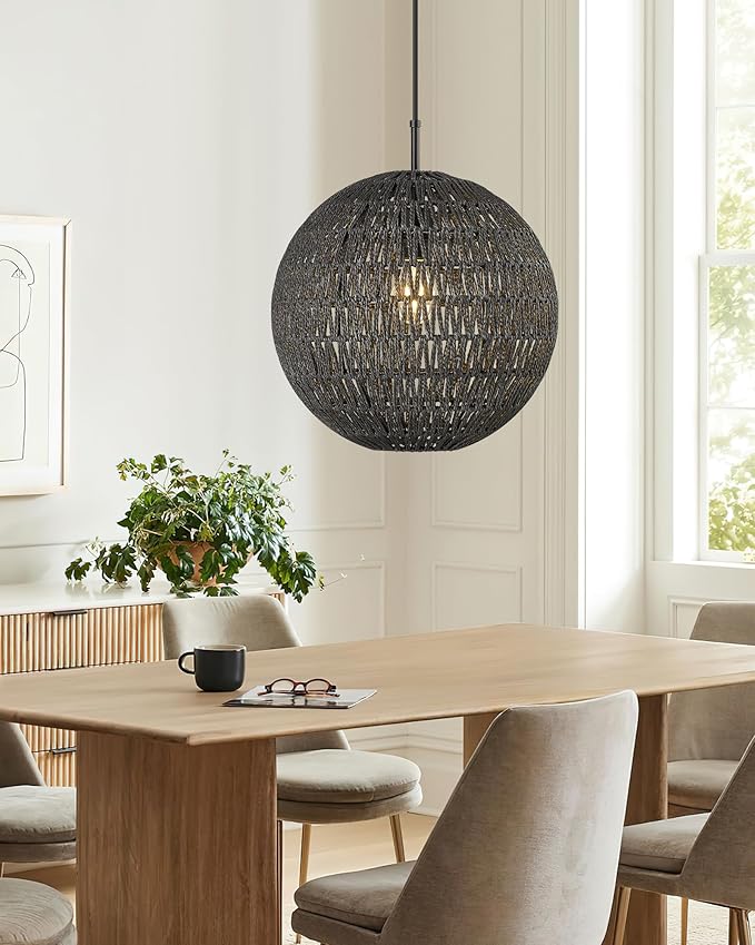 ELYONA Modern Woven Chandelier, 14" Large Boho Rattan Pendant Light Fixtures, Adjustable Globe Wicker Hanging Light for Dining Room Living Room Kitchen Island Farmhouse Foyer Bedroom Hallway, Black