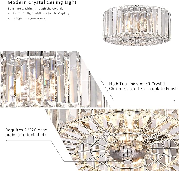 11.8" Crystal Round Flush Mount Modern Close to Ceiling Light Fixture, Chrome Ceiling Lights 2-Light Hallway Light Fixtures, Crystal Ceiling Lamp for Kitchen Bathroom Entryway, XDD007-2-CH